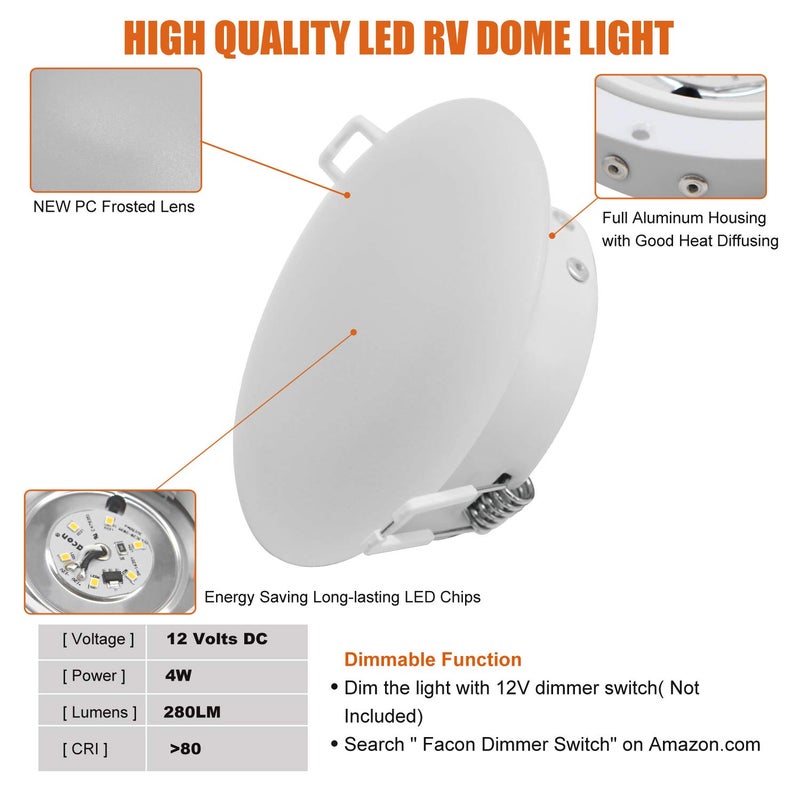 Facon 4.5inch 12V LED RV Puck Light - 6 Packs, 3400K Warm White, Full Aluminum Recessed 12Volt Interior Ceiling Lights for RV, Camper, Trailer, Boat, ETL Certified - Image 4